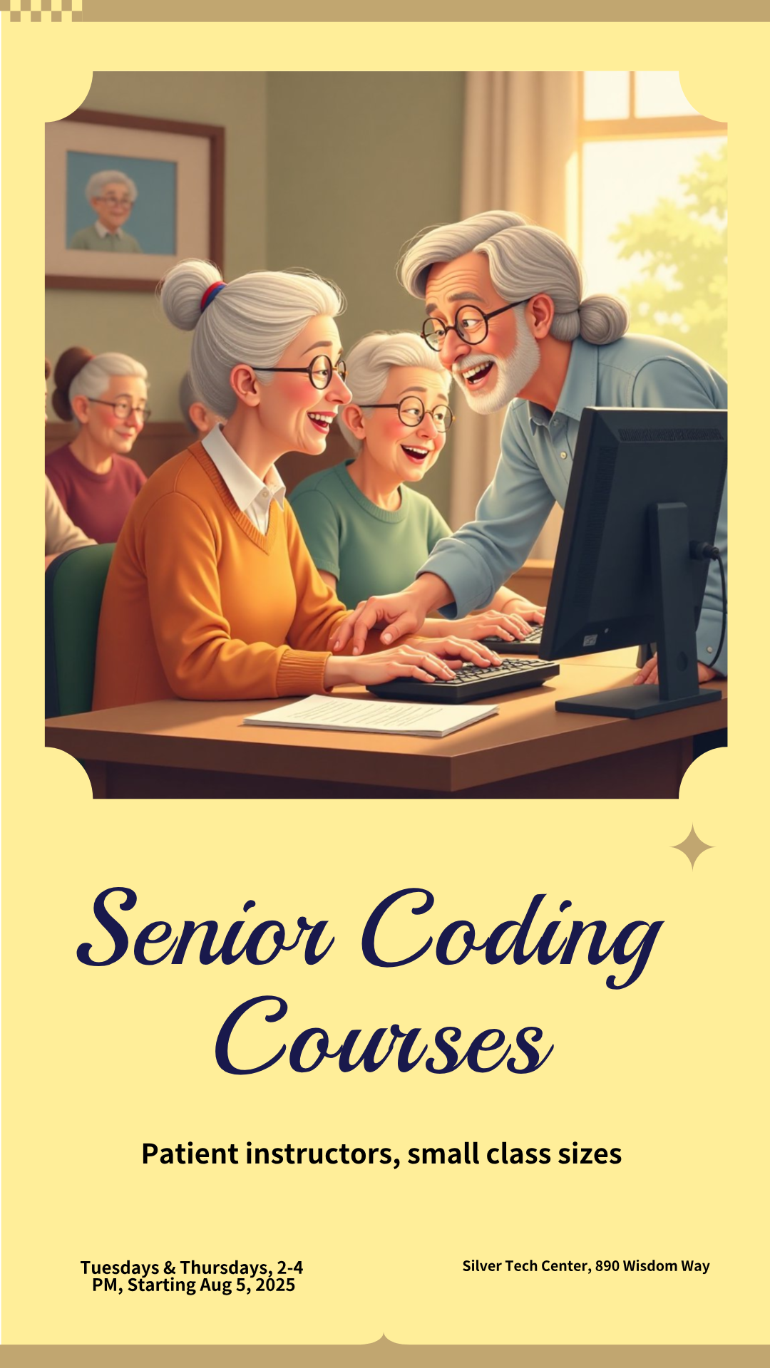 Capture the beauty of design by creating an Senior Citizens Coding and Programming Courses Poster!