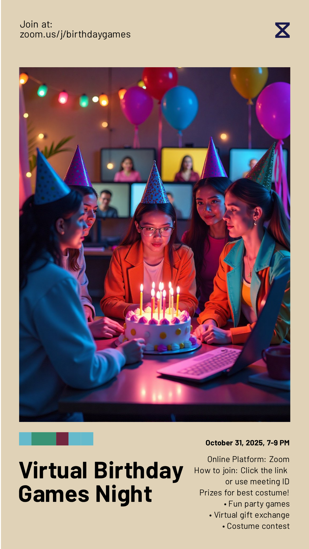 Personalize this Virtual Birthday Games Night Poster template!