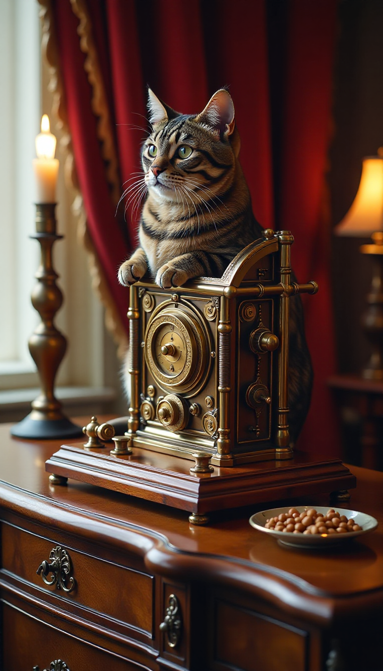 Unleash your creativity! Generate a unique Mechanical Brass Cat Feeder Image now with MolyPix.AI!