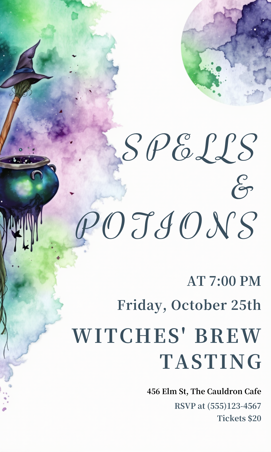 Design an invitation for the Witches' Brew Tasting event on October 25, 2024, at The Cauldron Cafe, 456 Elm St, 7 PM. Tickets $20. Use purple and green colors.
