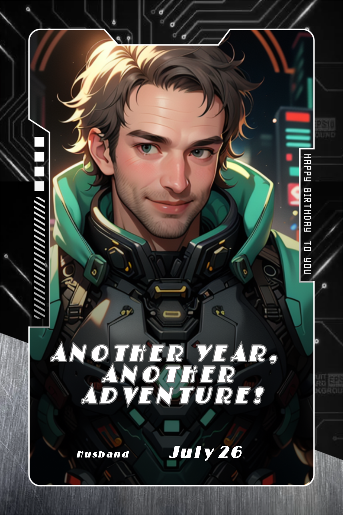 Get creative! Make your own perfect CyberpunkAI Photo Card for Husband!