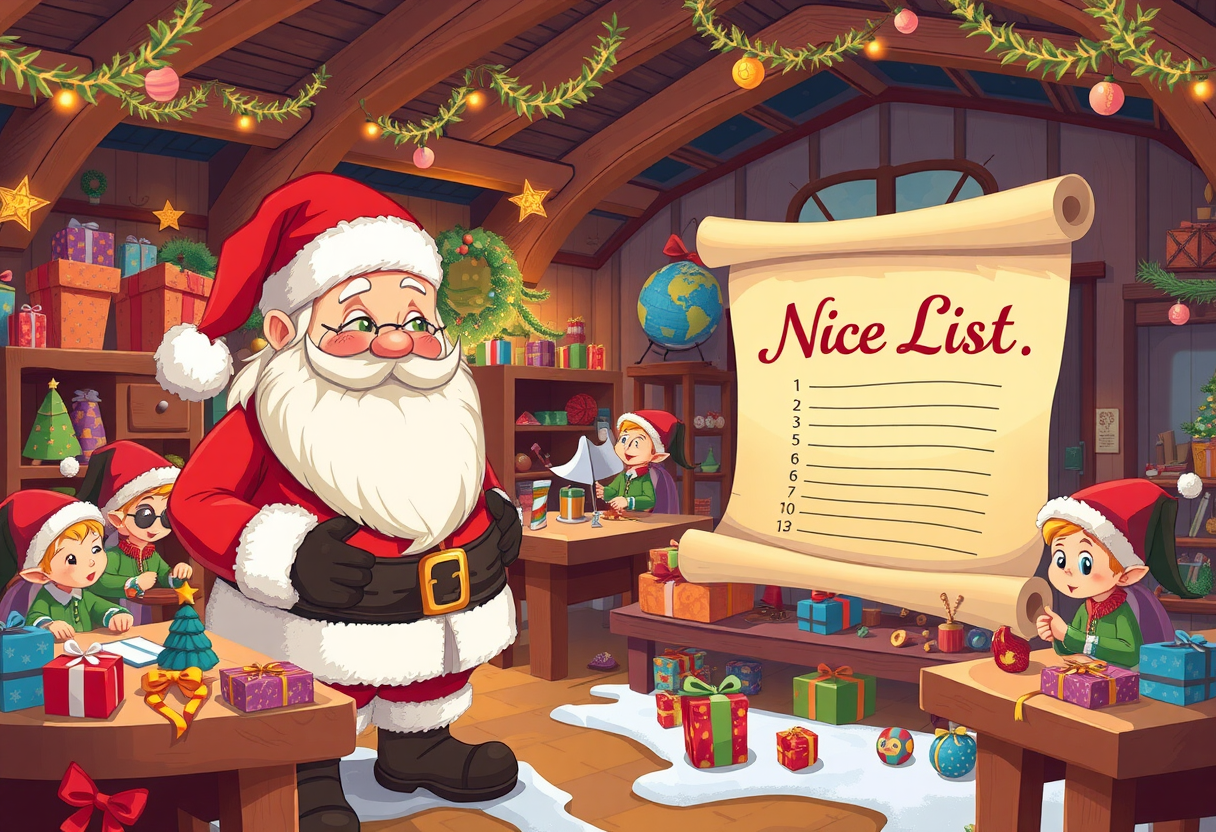 Get creative! Make your desired Santa's Christmas Workshop Scene Illustration by typing a simple description!