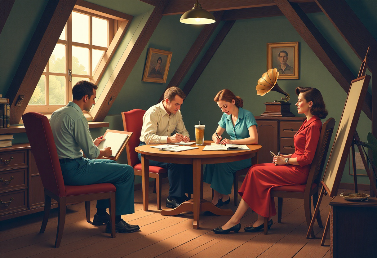 Unleash your creativity! Generate a unique Retro Art Club Gathering Illustration now with MolyPix.AI!