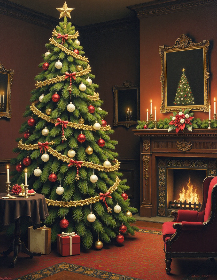 Get creative! Make your desired Victorian Era Christmas Tree Painting by typing a simple description!