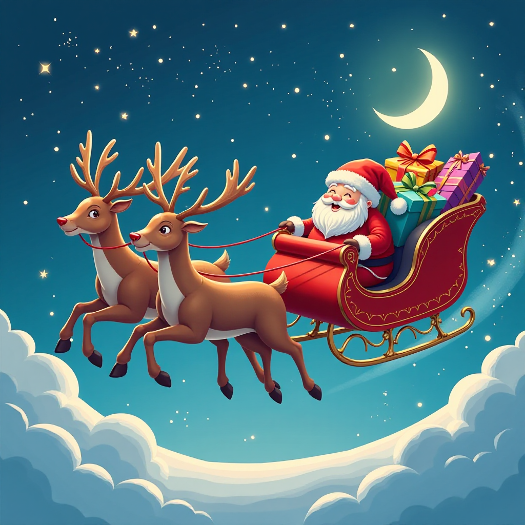Turn inspirations into wonderful visuals in no time. Generate a Santa Claus Flying Sleigh Illustration on your own!