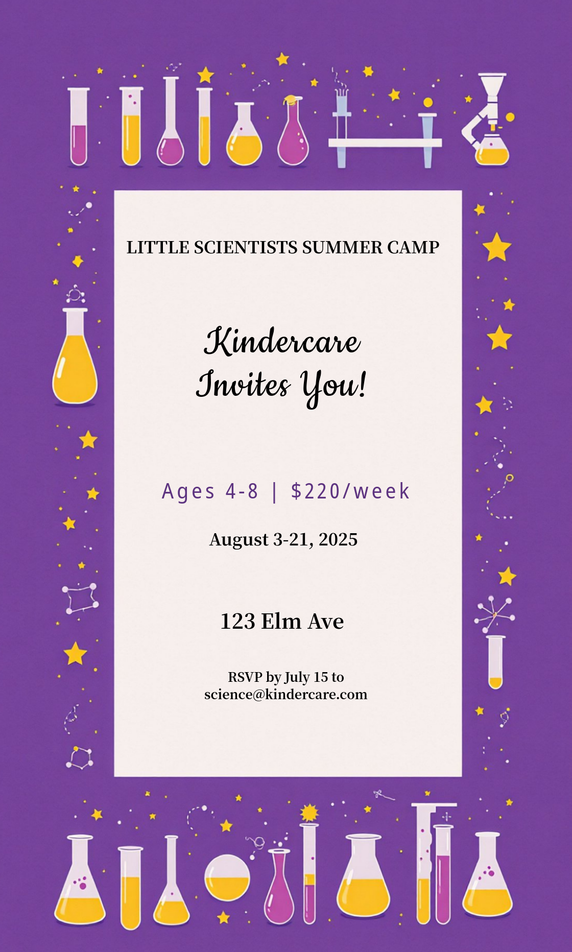 Unleash Your Creativity! Design your own Little Scientists Kindercare Summer Camp Invitation now!