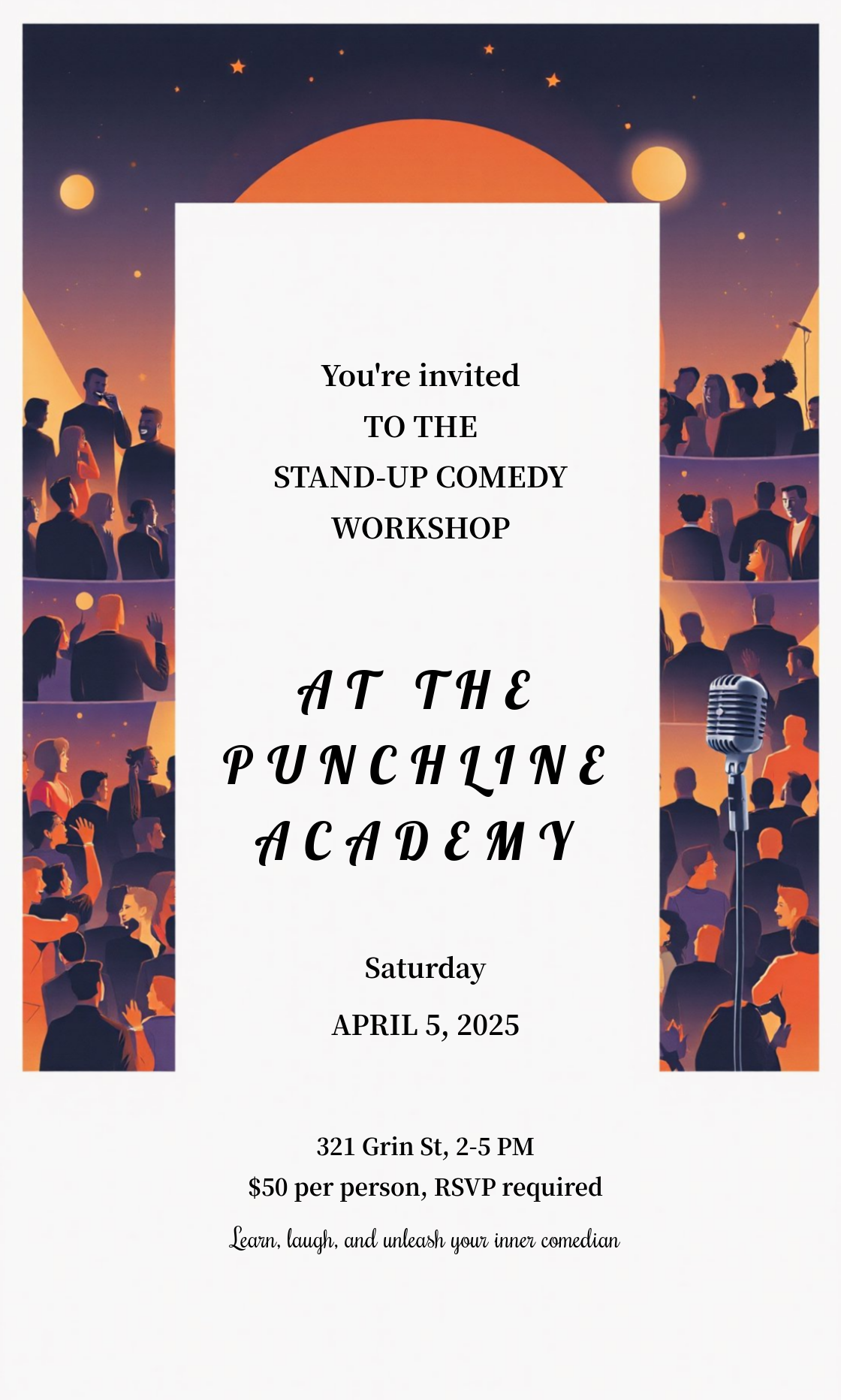 Stand-up Comedy Jokes Workshop Invitation Template - AI Designs by ...