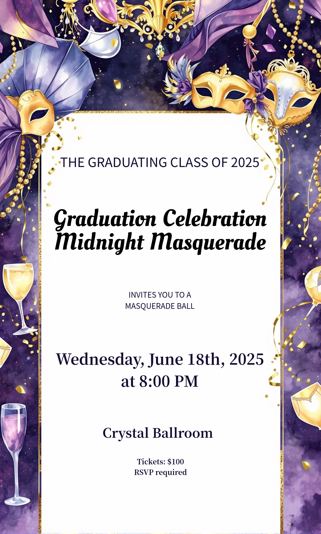 Graduation Celebration Masquerade Ball Invitation Template - AI Designs ...