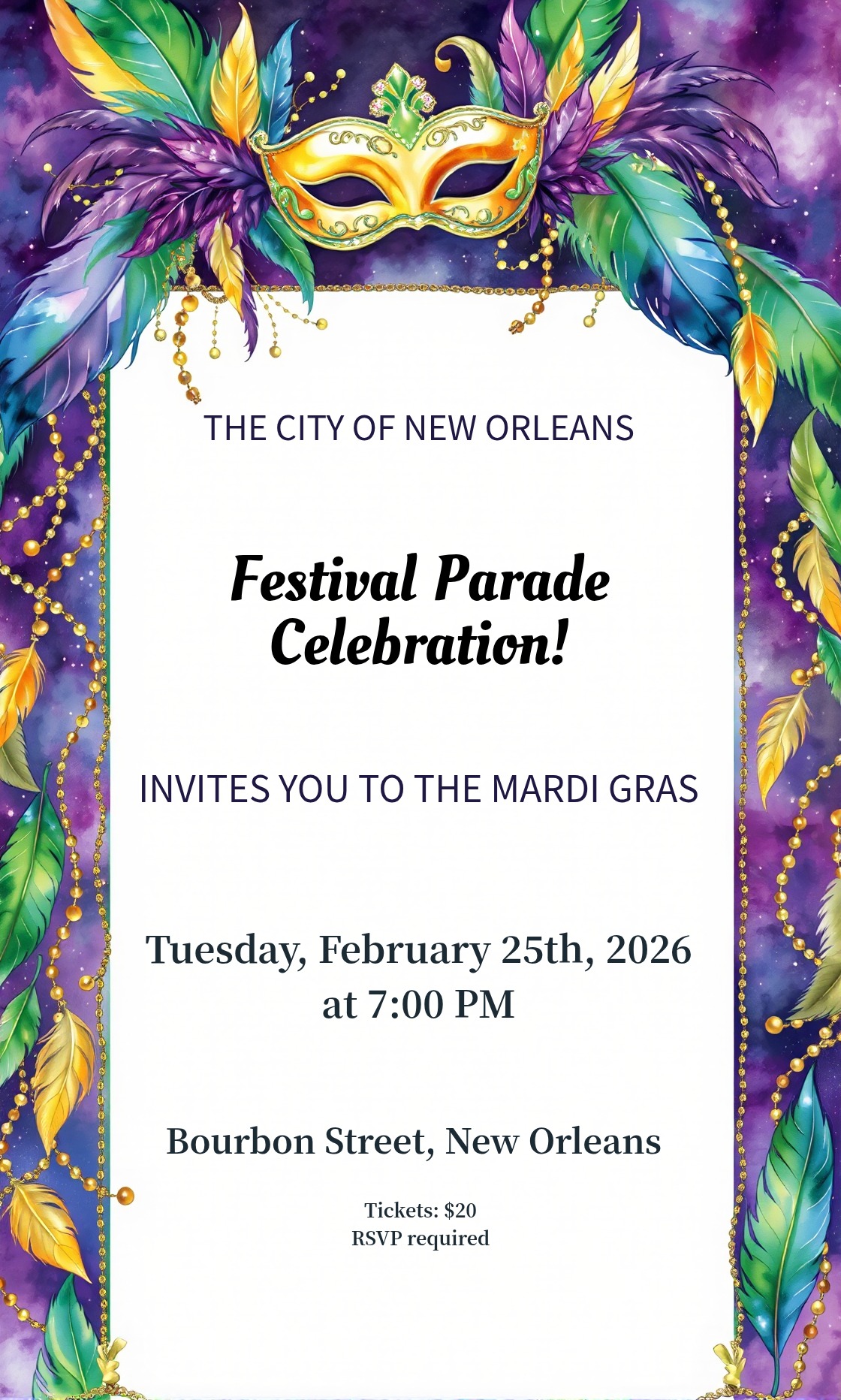 Mardi Gras Festival Parade Invitation Template - AI Designs by MolyPix.AI