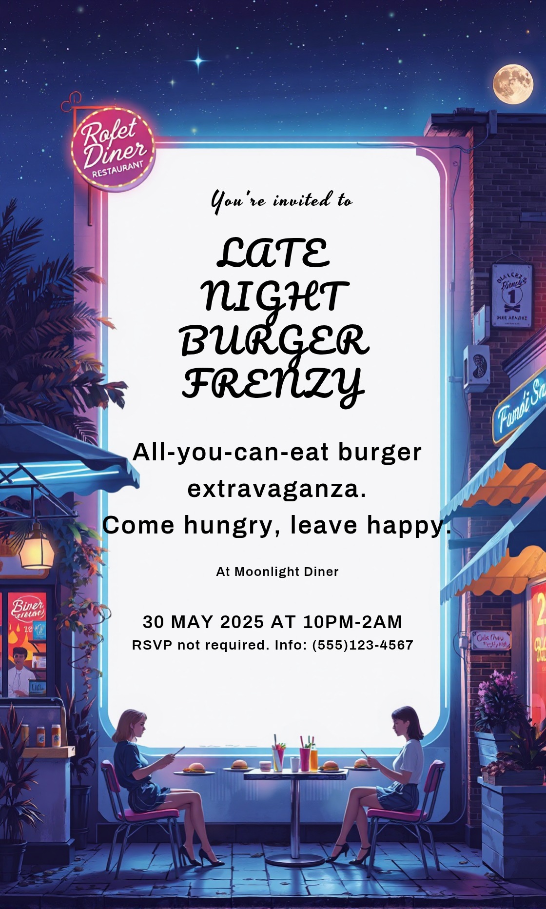 Get creative! Design your perfect Late Night Burger Frenzy Invitation!