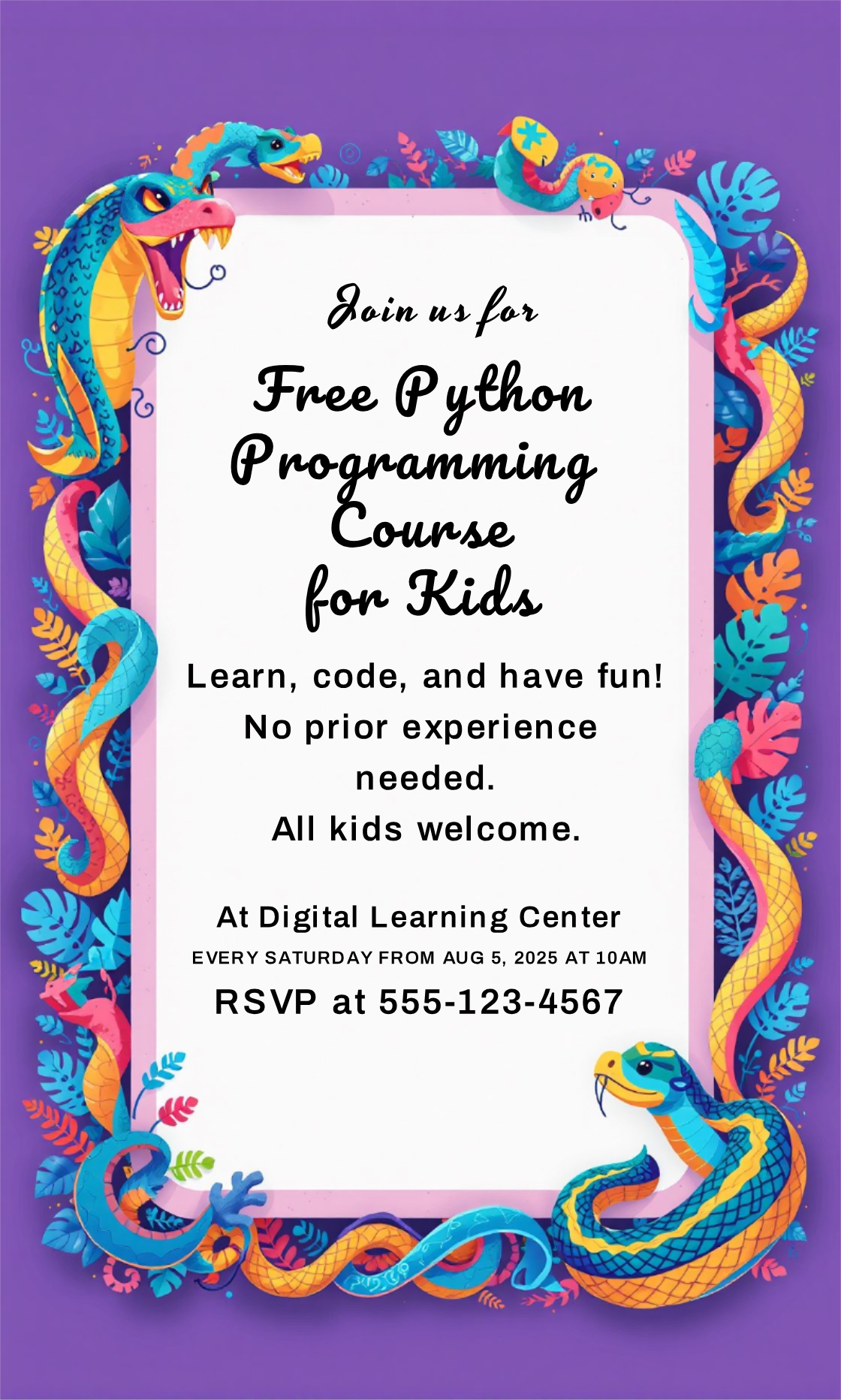 Personalize this Kids Free Python Programming Course Invitation template!