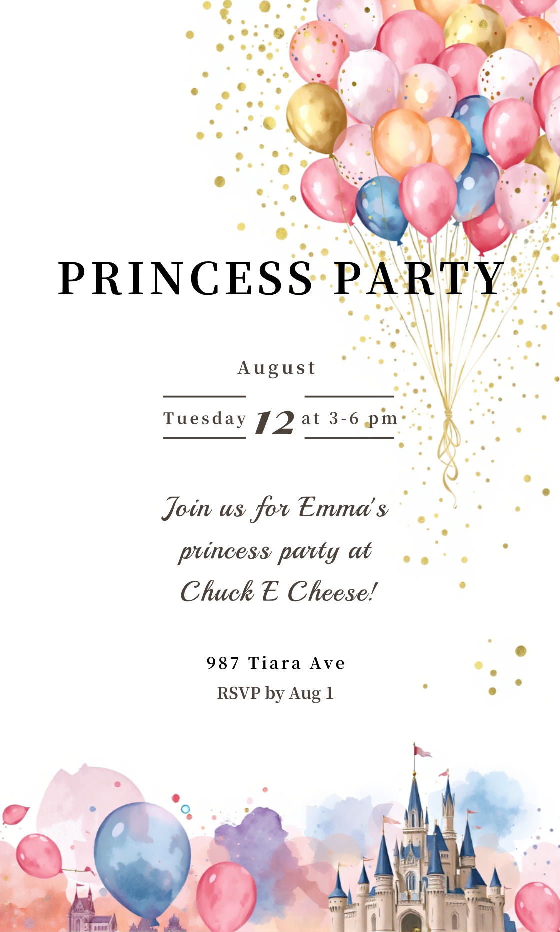 Princess Chuck E Cheese Birthday Party Invitation Template - AI Designs ...
