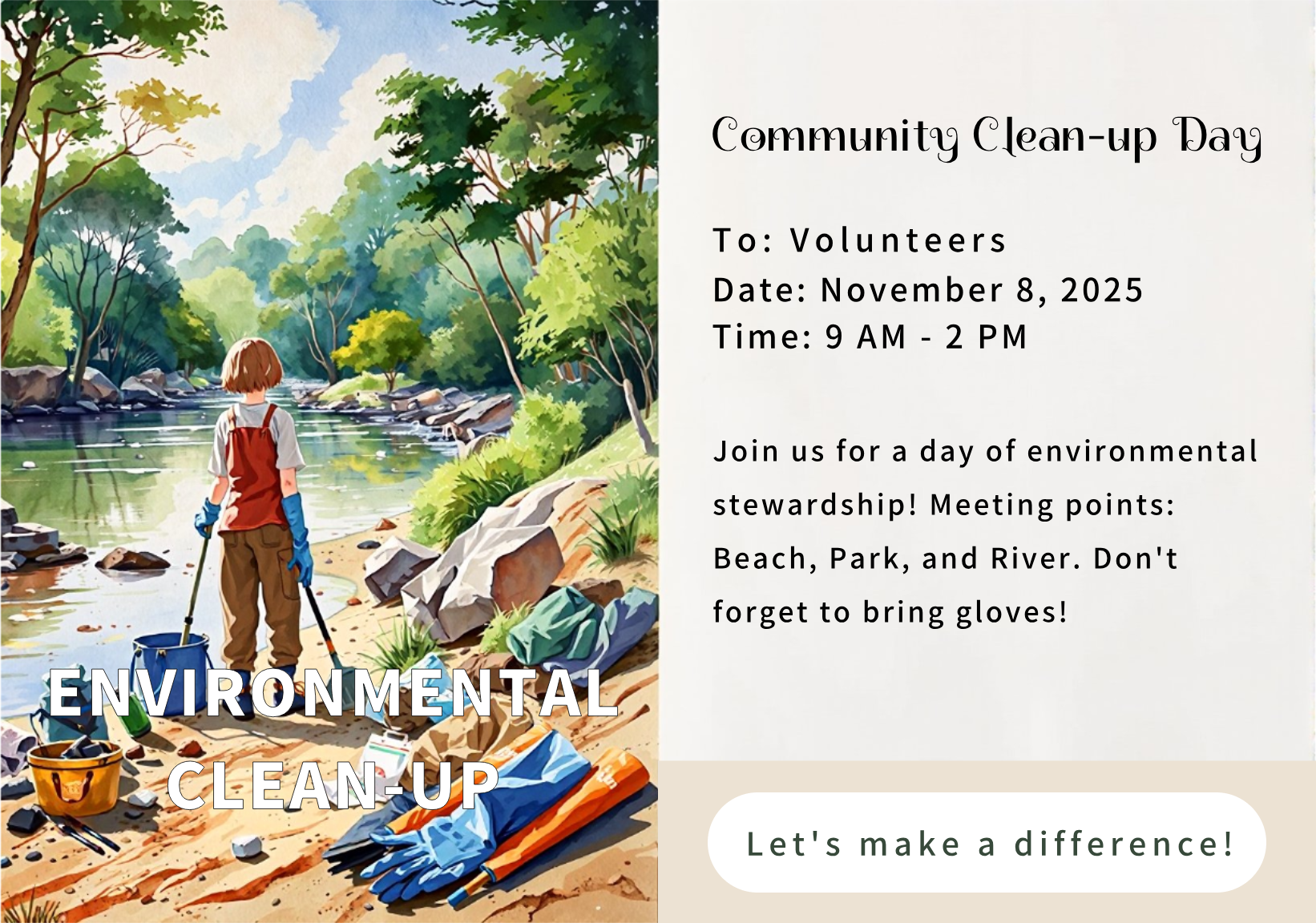 Capture the beauty of design by creating an Community Support Environmental Clean-up Postcard!
