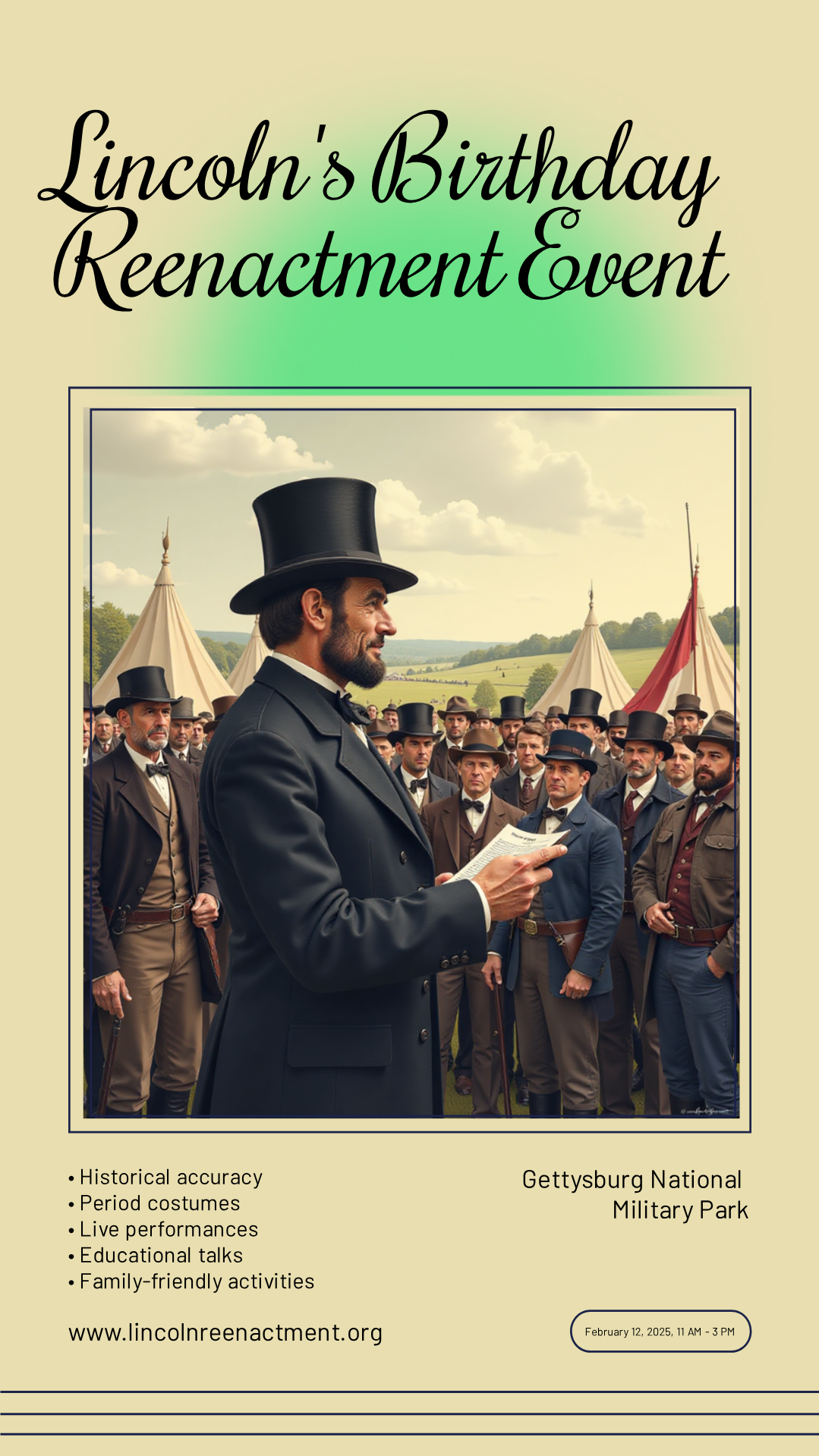 Personalize this Lincoln's Birthday Reenactment Event Poster template!