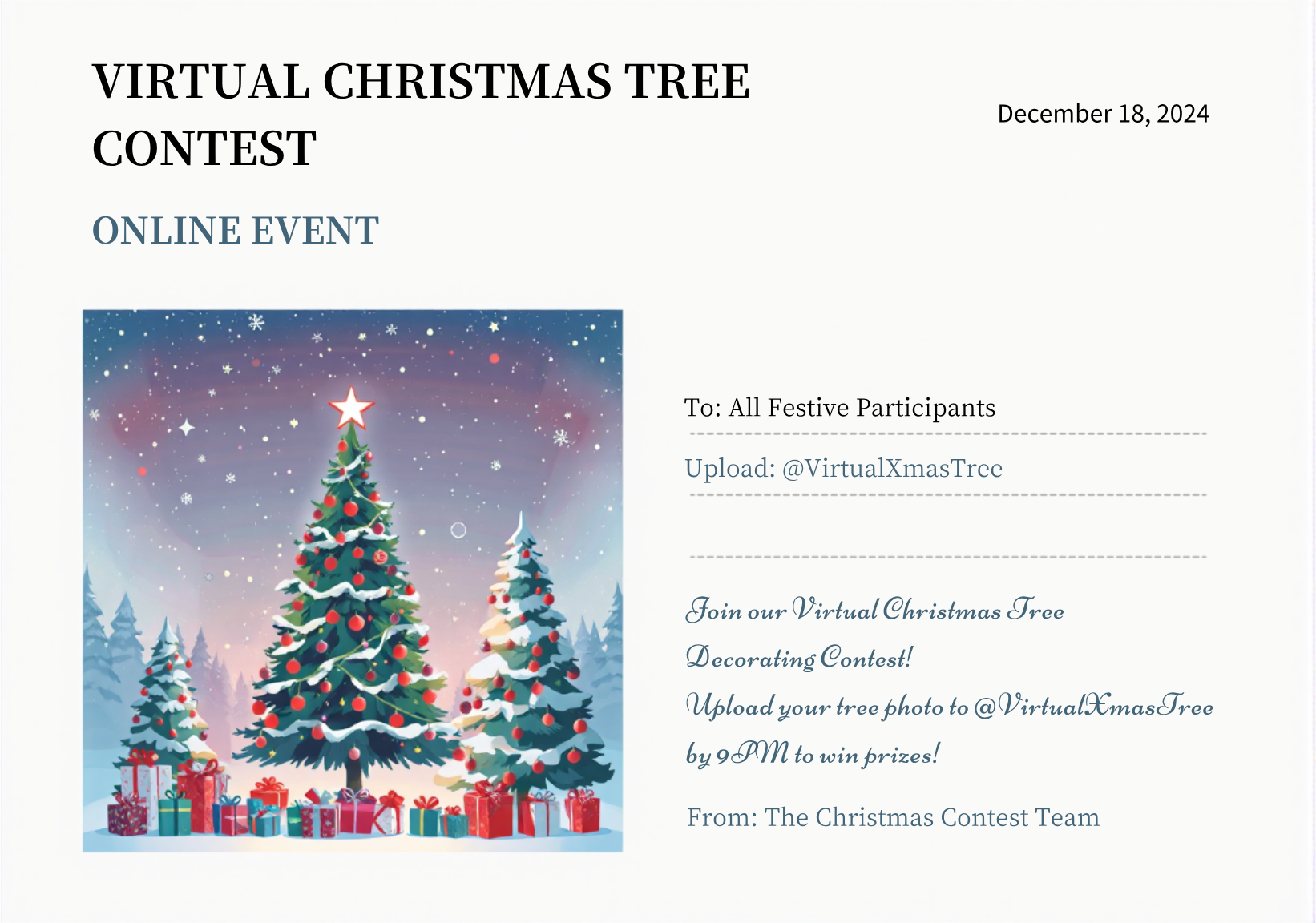 Capture the beauty of design by creating an Virtual Christmas Tree Clip Art Contest Postcard!