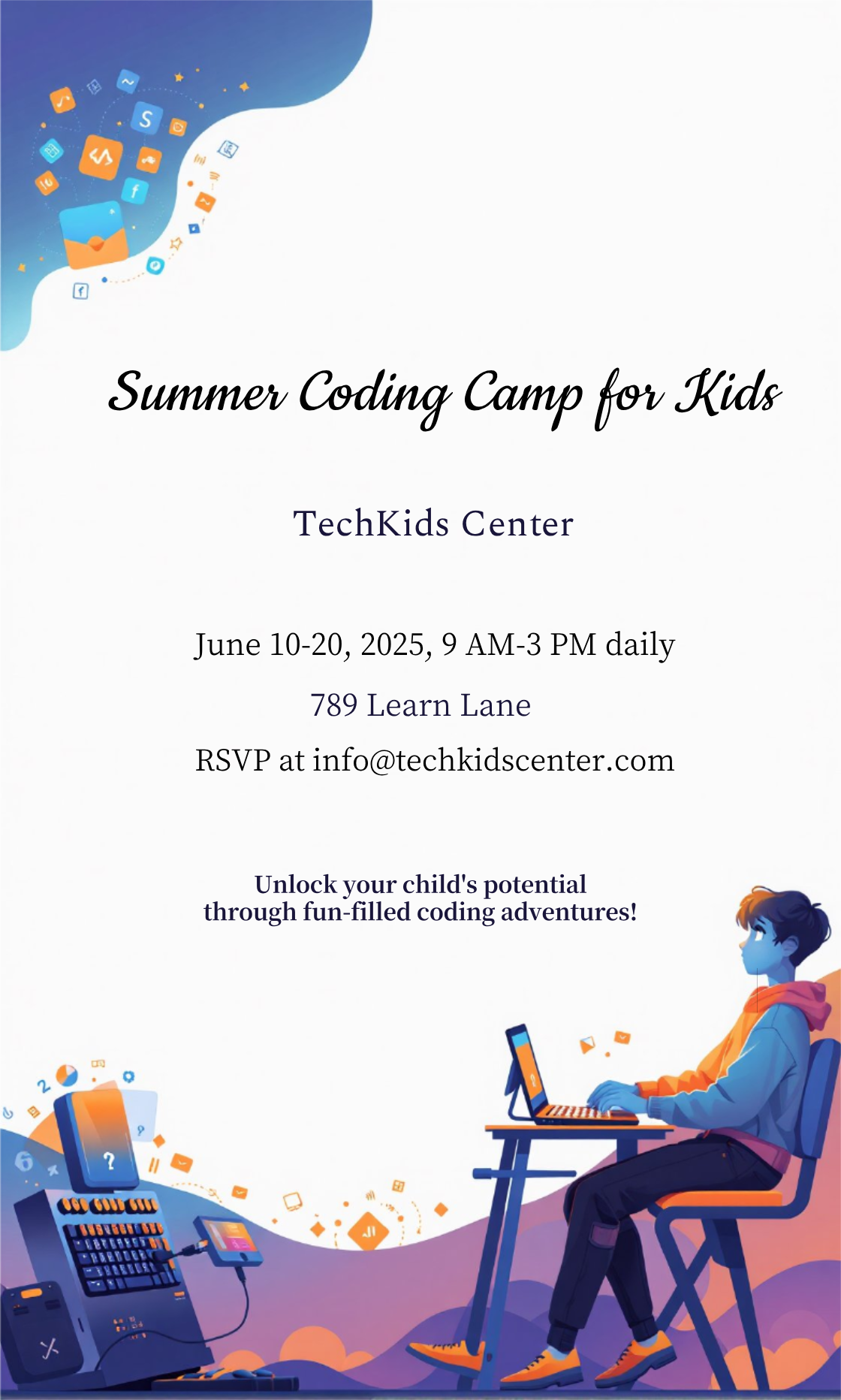 Personalize this Kids Summer Coding and Programming Courses Invitation template!