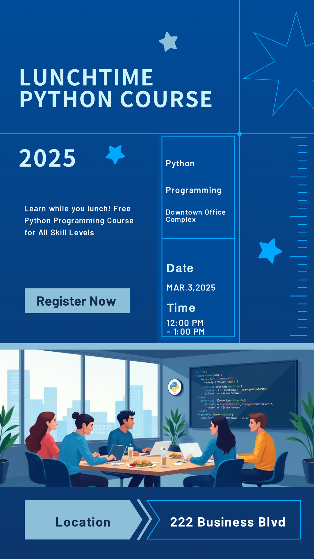Personalize this Lunchtime Free Python Programming Course Poster template!