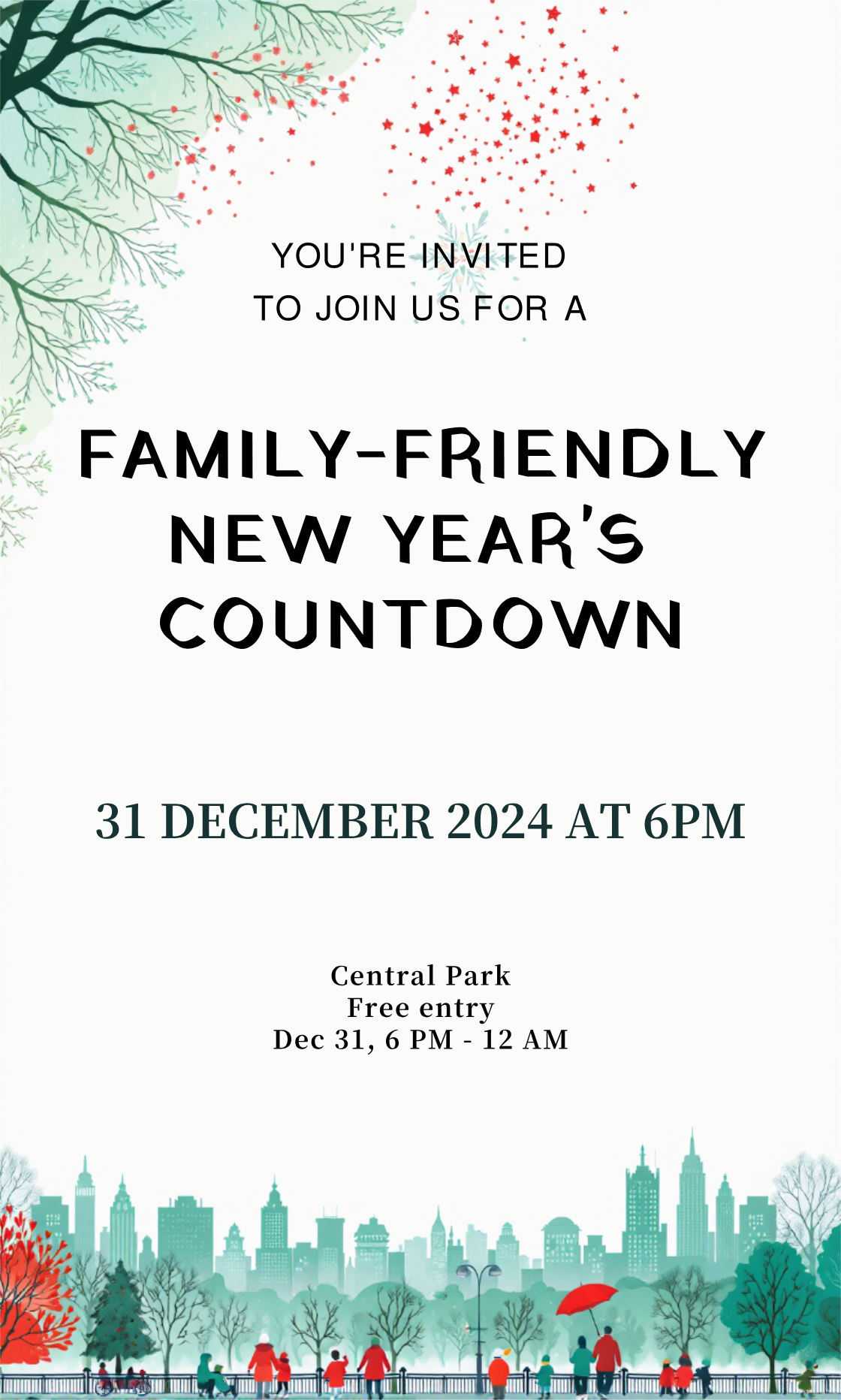 Get creative! Design your perfect Family-Friendly New Years Countdown 2025 Invitation!