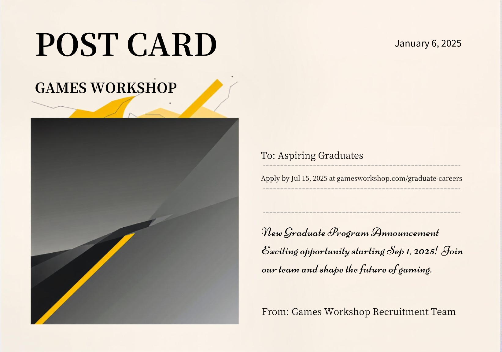 Get creative! Design your perfect Games Workshop Careers Graduates Postcard!